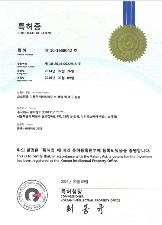 특허증 제 10-1658042 호
