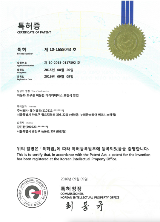 Patent certificate No. 10-1658043